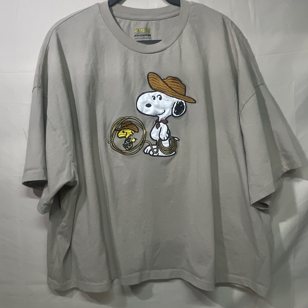 Aeropostale Peanuts Snoopy Lasso Boxy Cowboy Graphic Tee Beige Mens Size Large